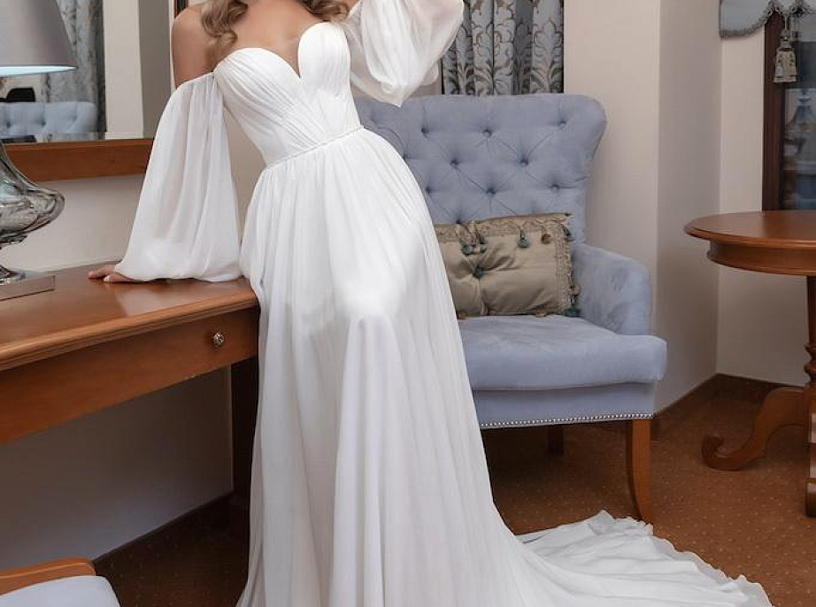 Шифоновое свадебное платье с пышными рукавами фото