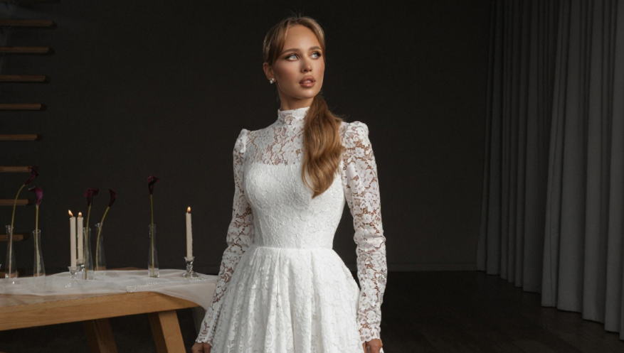 Закрытое кружевное платье с длинным рукавом и воротником-стойка фото