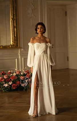 Свадебное платье из шифона с объемными рукавчиками фото