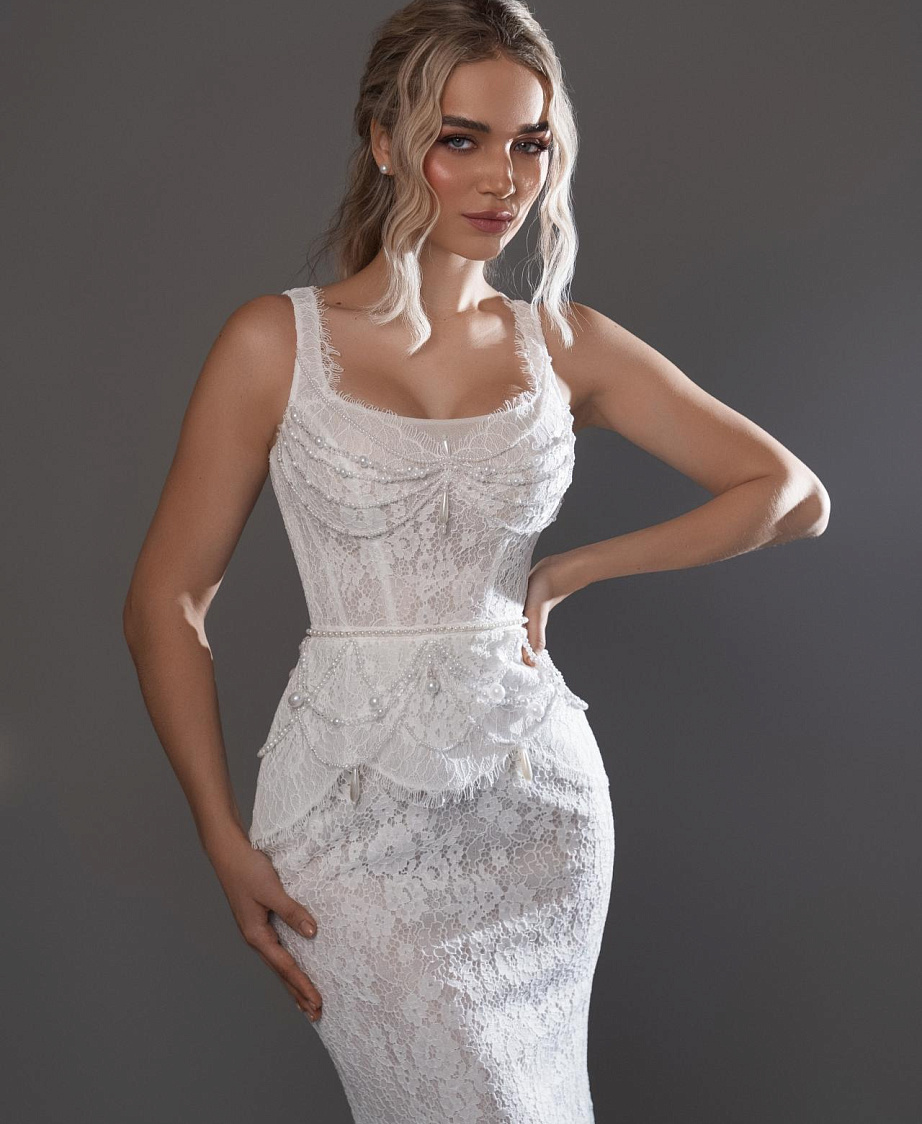 Кружевное свадебное платье рыбка со съемной баской фото