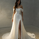 Кружевное платье-русалка с бисером и со съемным шлейфом фото