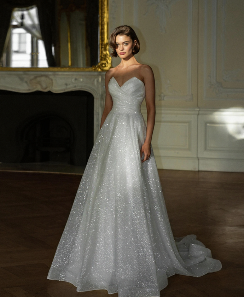 Блестящее свадебное платье со съемными рукавами буфами фото