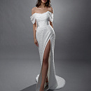 Кружевное платье-русалка с бисером и со съемным шлейфом фото