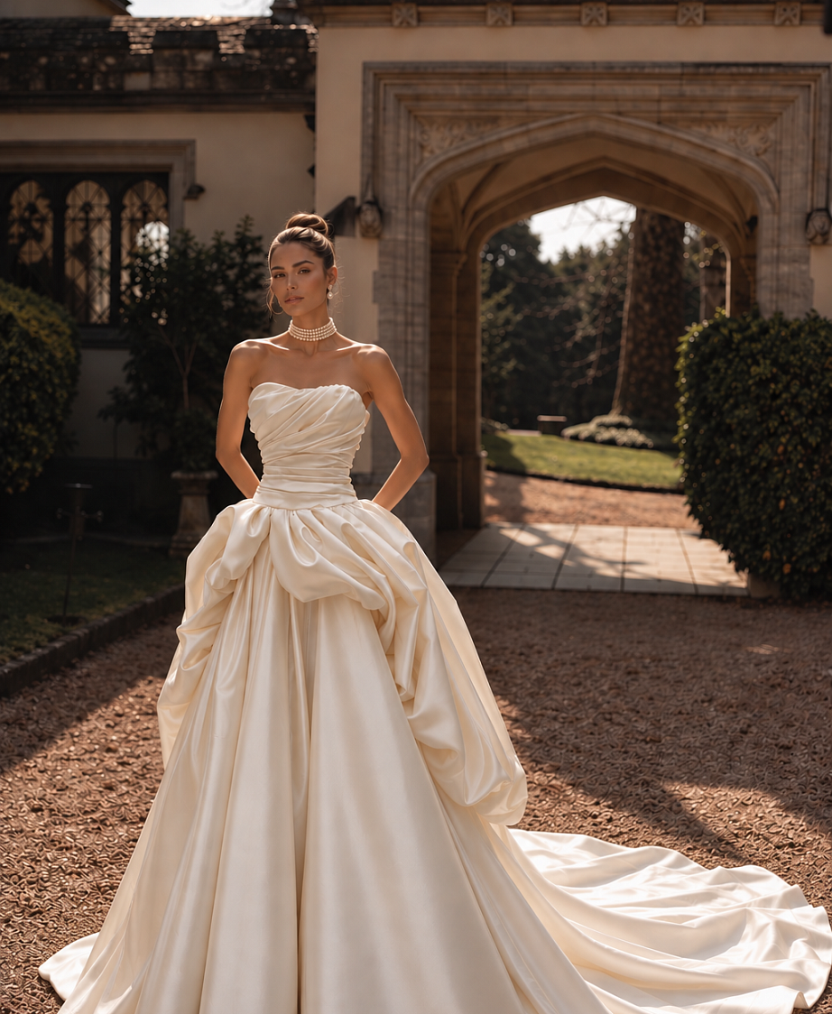 Нежное свадебное платье выполнено из сливочного атласа со сборкой на корсете фото