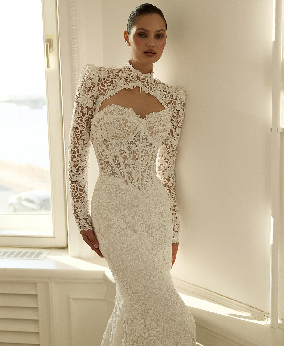 Кружевное свадебное платье со съемным болеро фото