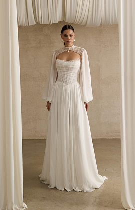 Шифоновое свадебное платье с жемчугом на корсете фото