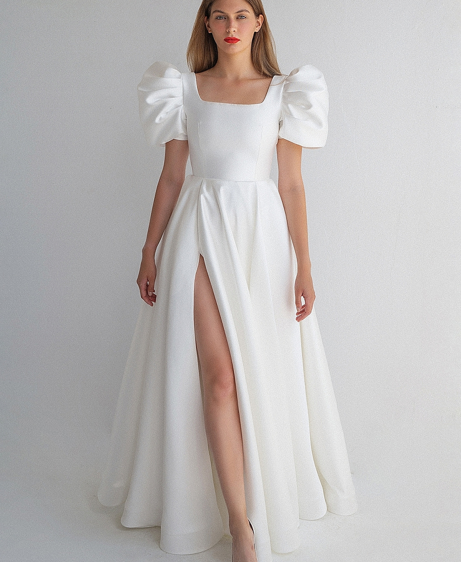 Свадебное платье из микадо с рукавами фонариками фото