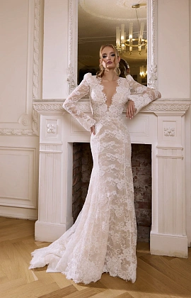 Кружевное свадебное платье  рыбка с длинным рукавом фото