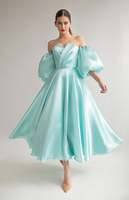 Вечернее платье цвета тиффани миди со съемными рукавами фото