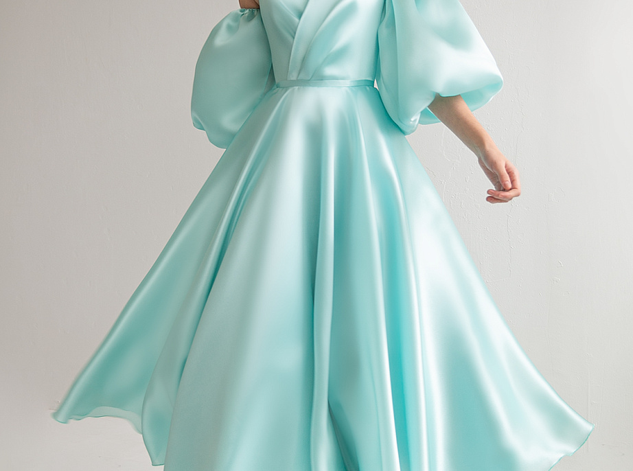 Вечернее платье цвета тиффани миди со съемными рукавами фото