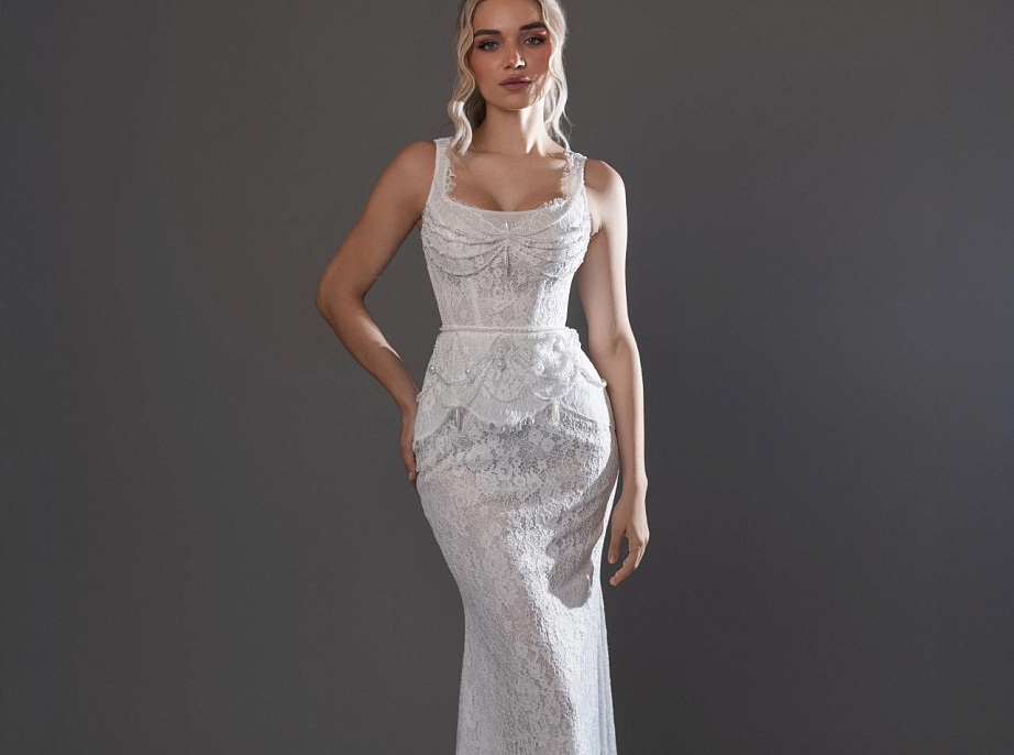 Кружевное свадебное платье рыбка со съемной баской фото