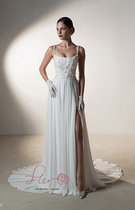 Свадебное платье с шифоновой юбкой и кружевным верхои фото