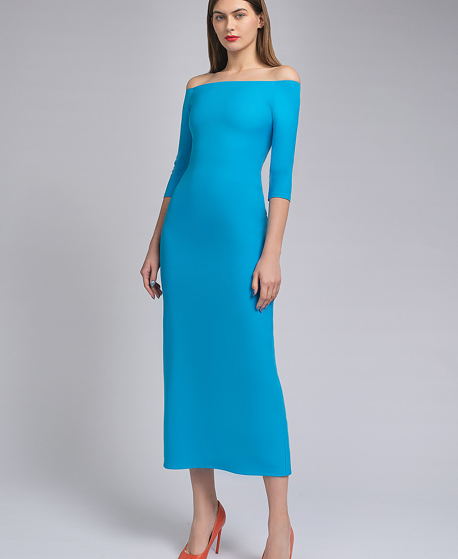 Вечернее платье миди с открытыми плечами фото