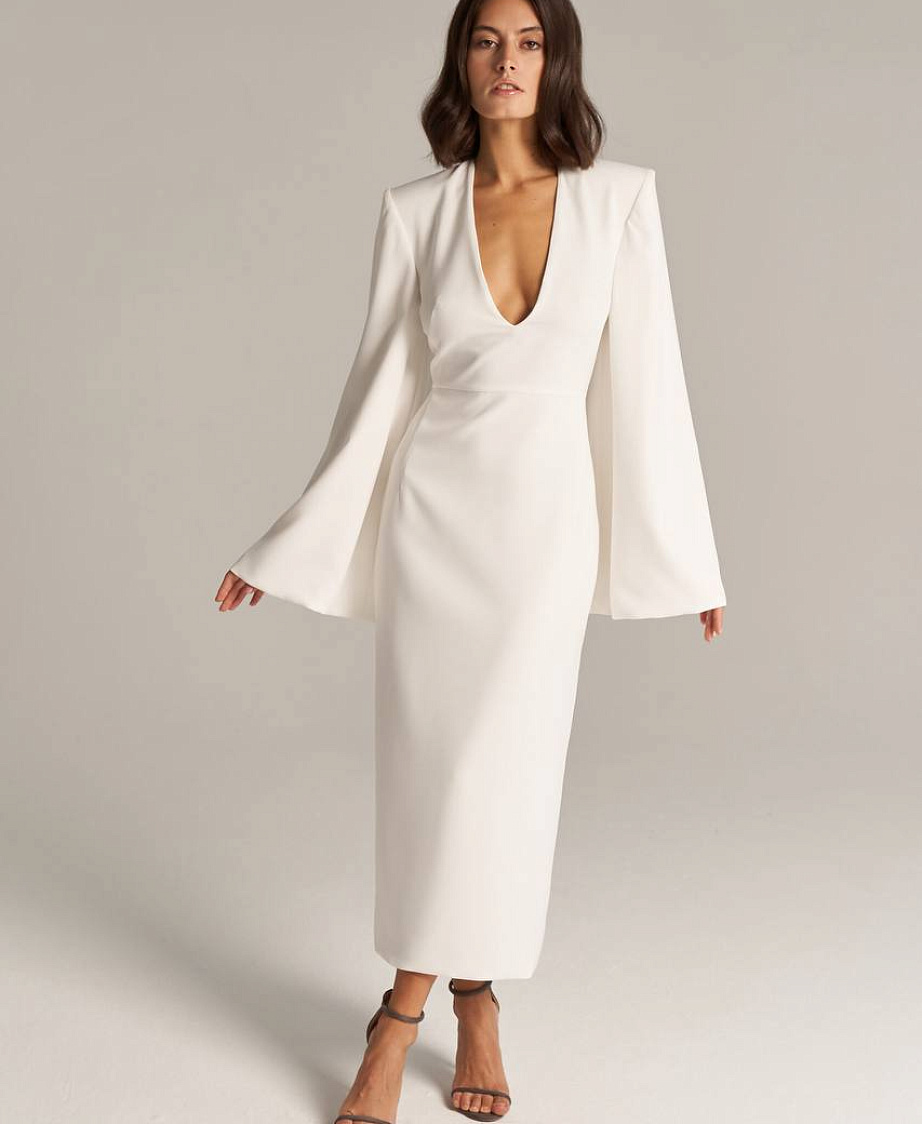 Свадебное платье миди из крепа с рукавами клешь фото