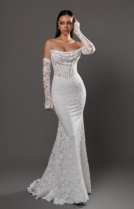 Кружевное свадебное платье русалка с  бусами фото