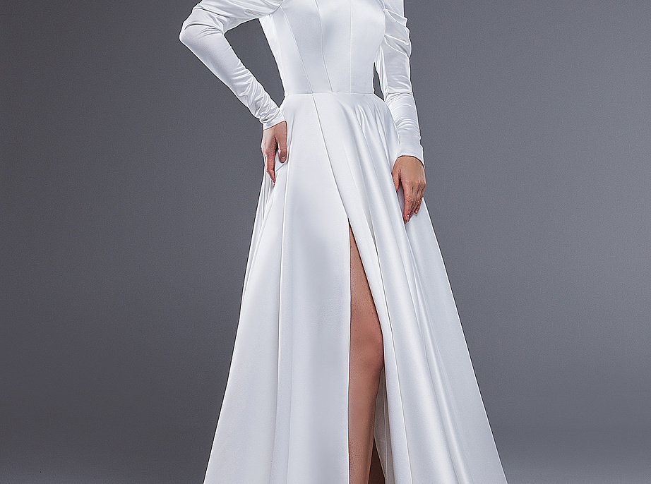 Классическое атласное свадебное платье с рукавами фото