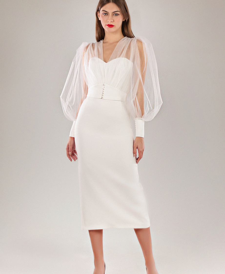 Свадебное платье миди с прозрачным болеро фото