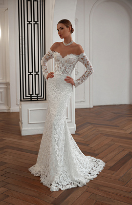 Белое кружевное свадебное платье рыбка с рукавами фото