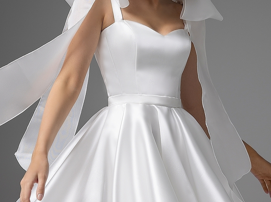Свадебное платье мини с бантами на плечах фото