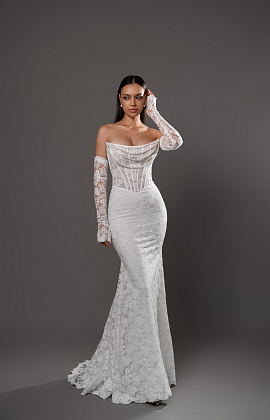 Кружевное свадебное платье русалка с  бусами фото