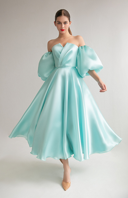 Вечернее платье цвета тиффани миди со съемными рукавами фото