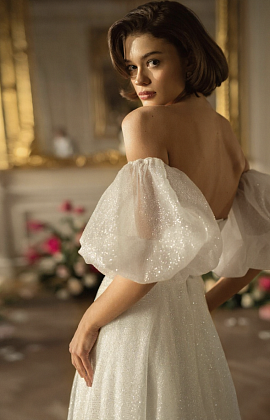 Блестящее свадебное платье со съемными рукавами буфами фото