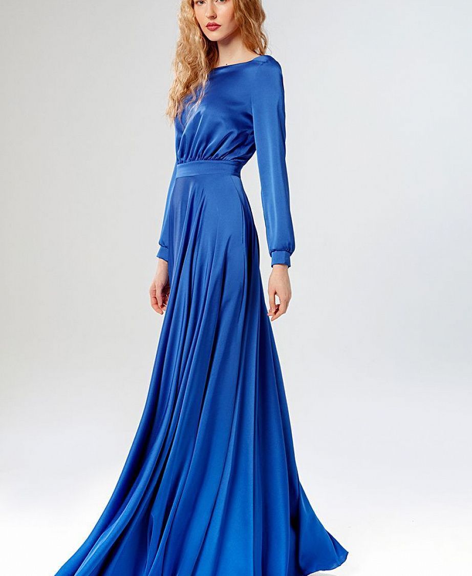 Синее вечернее платье в пол с рукавами фото