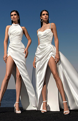 Атласное свадебное платье с жемчужным воротом фото