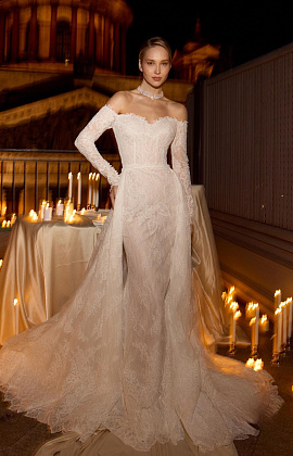 Кружевное платье-русалка со съемным шлейфон и длинными рукавами фото