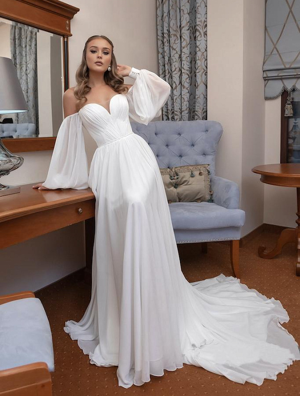 Шифоновое свадебное платье с пышными рукавами купить в Москве