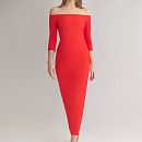 Красное вечернее платье миди с открытыми плечами фото